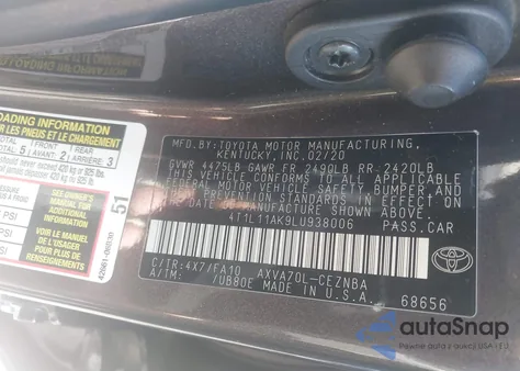 2020 Toyota Camry Le z USA, uszkodzony, nr VIN 4T1L11AK9LU938006